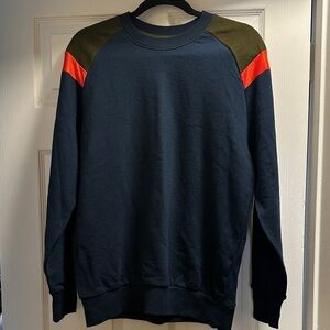 Men's Blue Sweater with Olive and Orange Accents